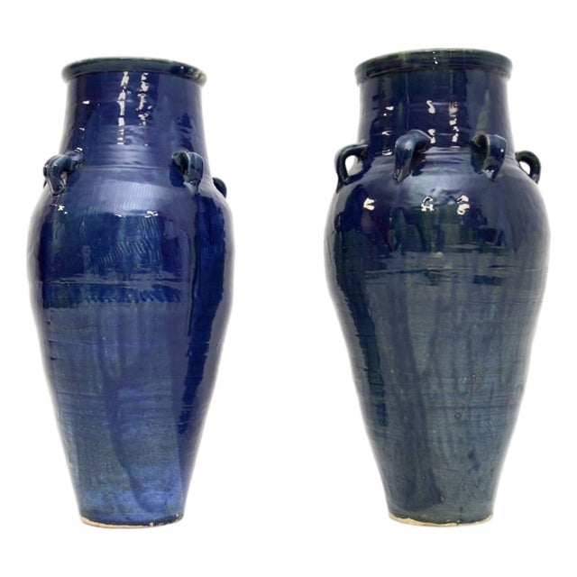Large Blue Ceramic Floor Standing Vases, 1970s, Set of 2 For Sale