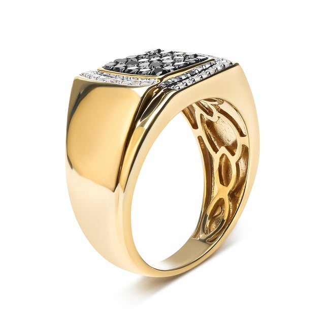 Contemporary Men's 10K Yellow Gold 1.00 Cttw Cushion Cluster Black and White Diamond Statement Ring (I-J Color, I2-I3 Clarity) - Ring - Size 10 For Sale - Image 3 of 6