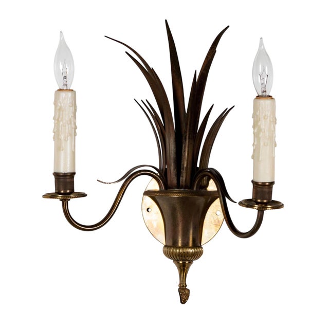 Pair of Maison Charles Brass Palm Leaf Light Sconces - Hollywood Regency.