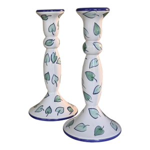 Vintage Portugal Hand Painted Green and Blue Candle Holders - A Pair