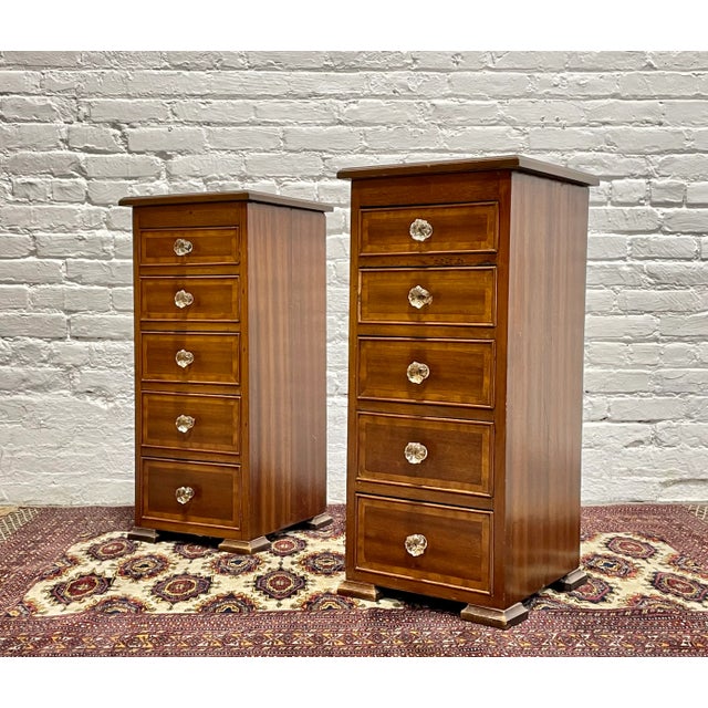 Brown Pair of Federal Style Narrow Mahogany Dressers | 1920's Skinny Nightstands Glass Knobs For Sale - Image 8 of 13