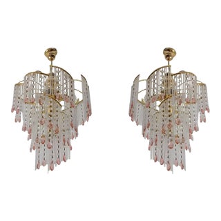 Vintage Art Deco Purple Crystal Murano Style Milk Glass Chandeliers - a Pair For Sale