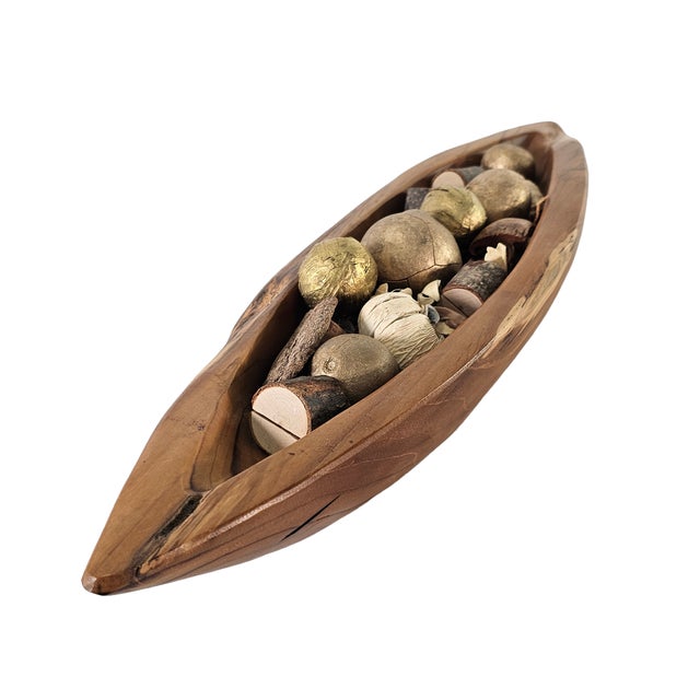 Late 20th Century Primitive Hand Hewn Teak Wood Centerpiece Boat Shaped With Filler For Sale - Image 5 of 8