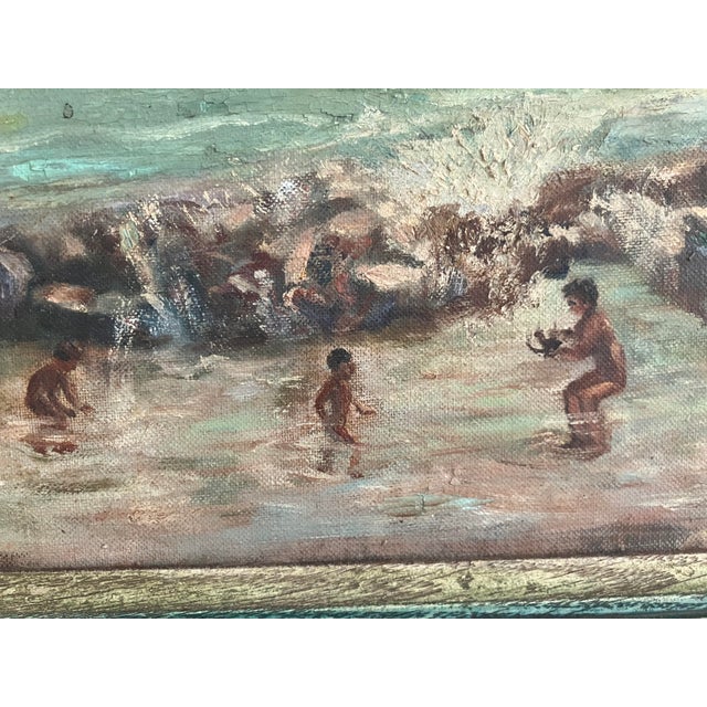 Post Impressionist Vintage Coastal Seascape Oil Painting – Children Playing by the Shore-Locueso For Sale - Image 3 of 8