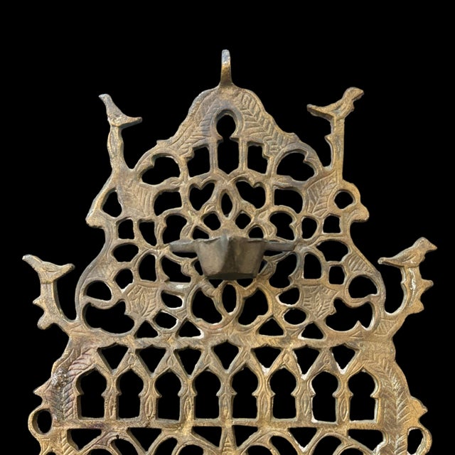Antique Moroccan Bronze Hanukkah Menorah Oil Lamp With Pierced Backplate For Sale - Image 4 of 5