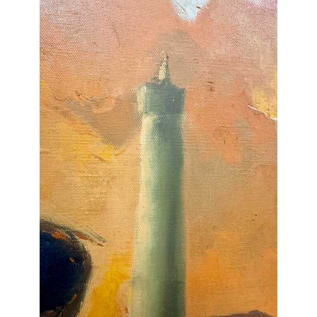 Figurative Portuguese Lighthouse Village Scene by J. Adamos, Mid-Century Oil on Canvas For Sale - Image 3 of 8
