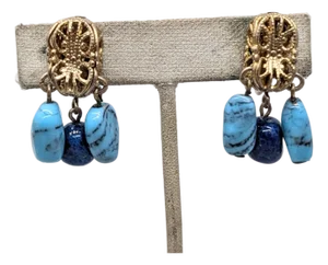Vintage 1960s Signed Napier Goldtone Faux-Turquoise & Lapis Drops Clip Earrings-2 Pieces