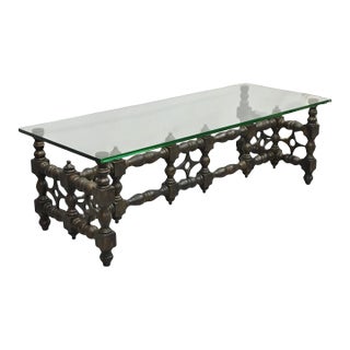 Vintage Gothic Renaissance Wooden Fretwork Rectangular Glass Top Coffee Table For Sale