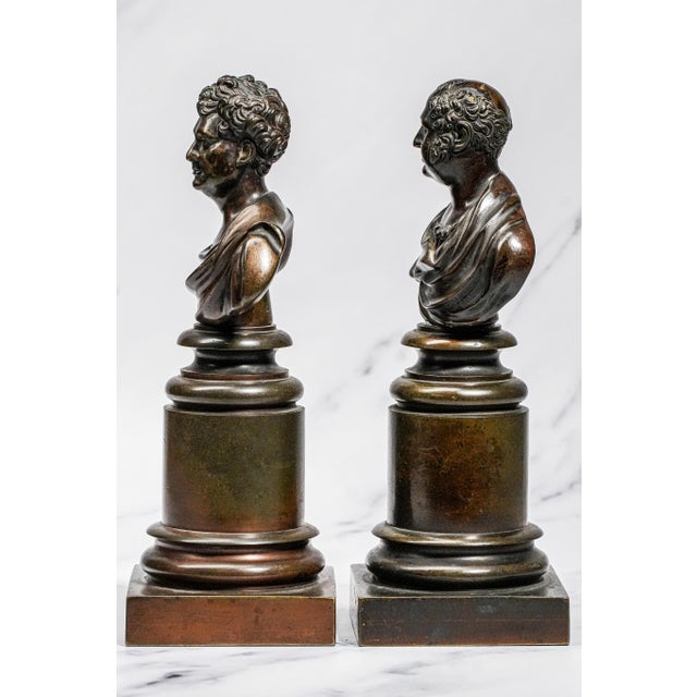 Amazing Pair Antique Bronze English Neoclassical Grand Tour Statue Sculpture Bust Royalty Home Decor For Sale - Image 15 of 17