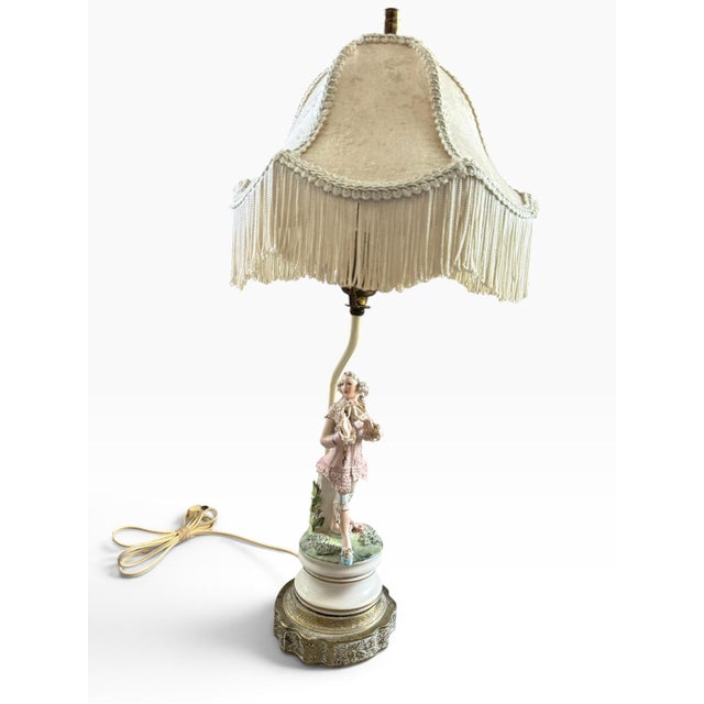 Rococo Vintage Rococo-Style Porcelain Figural Table Lamp With Fringe Shade For Sale - Image 3 of 6