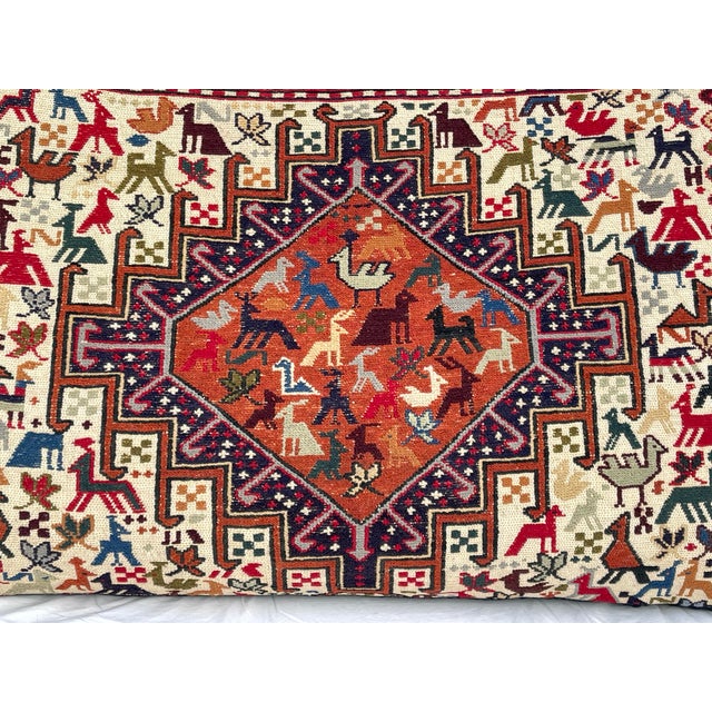 Tribal Large Caucasian Soumak Wool Rug Pillow With Animal Motifs For Sale - Image 3 of 13