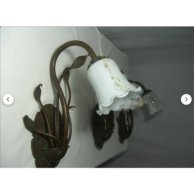 Art Nouveau Floral Brass Sconces with Opaline Glass Shades, 1970s, Set of 3 For Sale - Image 6 of 12