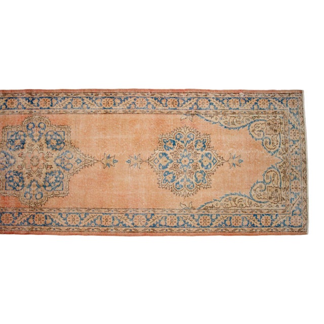 Traditional Ottoman Design Distressed Oushak Runner Rug Faded Colors Low Pile - 3'2″ X 12'2″ For Sale - Image 10 of 13