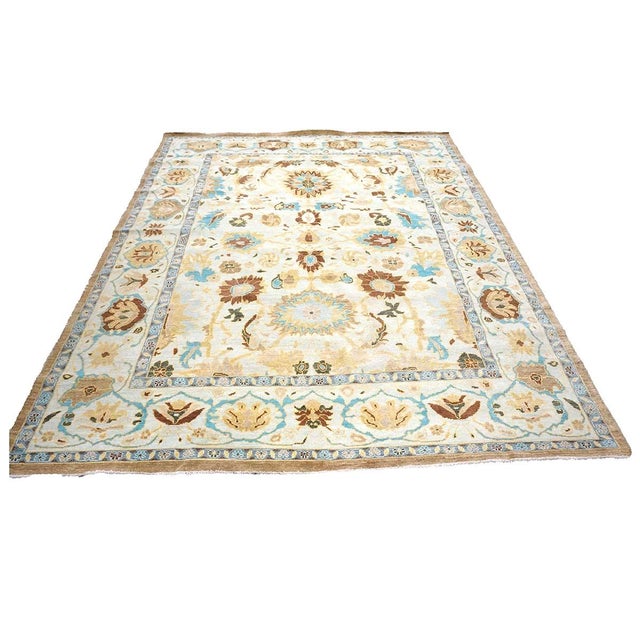 Afghan Sultanabad Wool 8x10 Ivory, Blue & Beige Handmade Area Rug #1143688 For Sale - Image 4 of 8