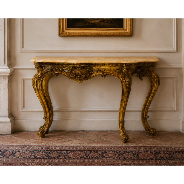 Gold Antique Louis XIV Italian Console Table with Carved Gilded Wood and Yellow Siena Marble, 18th Century For Sale - Image 8 of 9