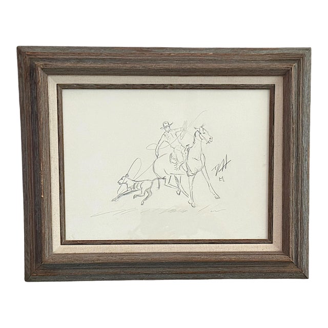 Signed Vintage Pencil Sketch of Cowboy & Calf From Santa Ynez Valley - California Ranch Art For Sale