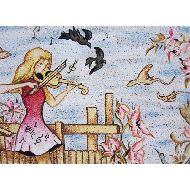 Figurative Violin Player by Louis Recchia | Oil on canvas Girl playing violin among animals and flowers. For Sale - Image 3 of 3