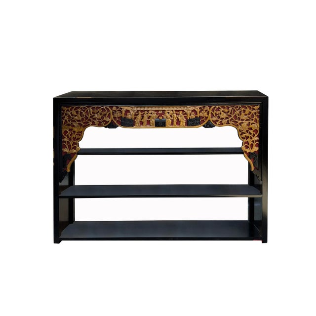 Chinese Chinese Black Golden Carving Rectangular Curio Display Stand Side Table For Sale - Image 3 of 6