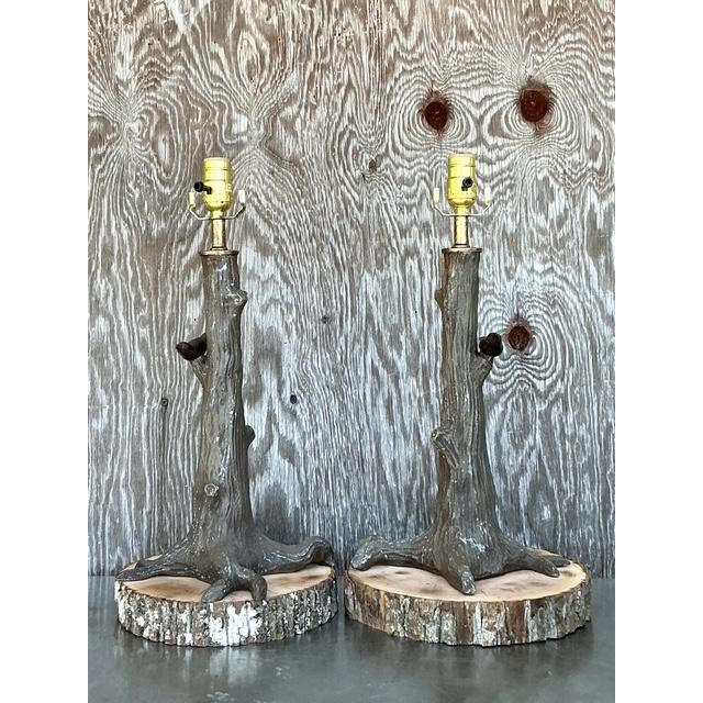 Coffee Vintage Boho Cast Iron Bird in Tree Lamps - A Pair For Sale - Image 8 of 9