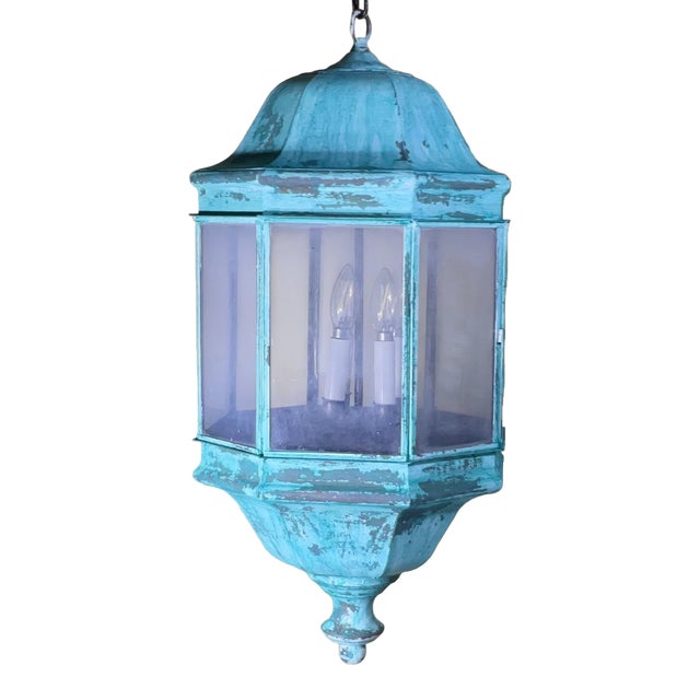 Vintage Solid Brass & Verdigris Patina Outdoor/Indoor Lantern For Sale