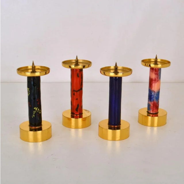 Enamelled and Gilded Brass Candle Sticks, Set of 4 For Sale - Image 4 of 7