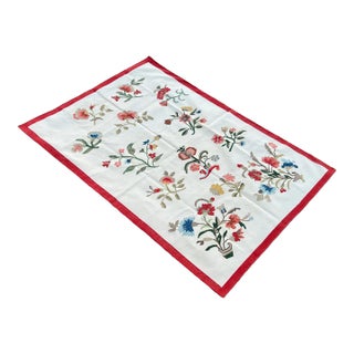 Handmade Cotton Flower Patterned Rug Cream With Blue Green Beige & Red Border -8'x10' For Sale