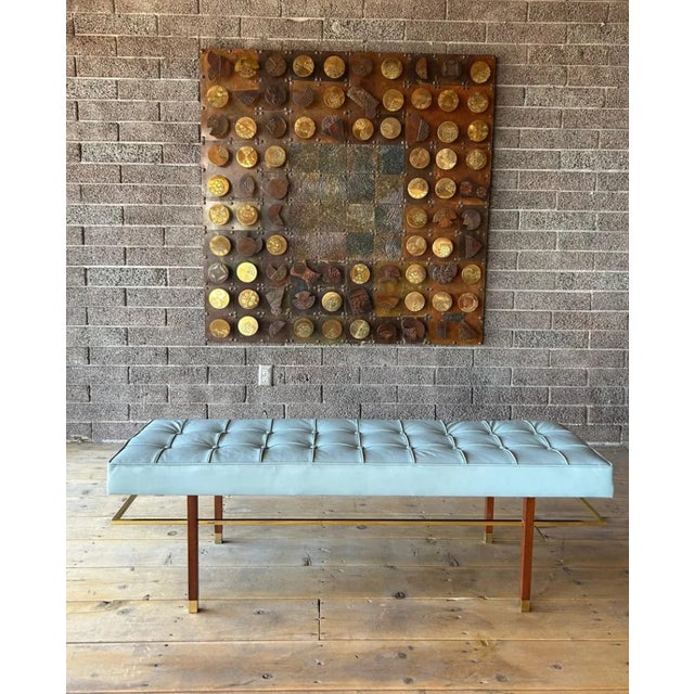 Harvey Probber button tufted leather mahogany and solid brass bench circa mid 1950’s. Newly upholstered and finished.