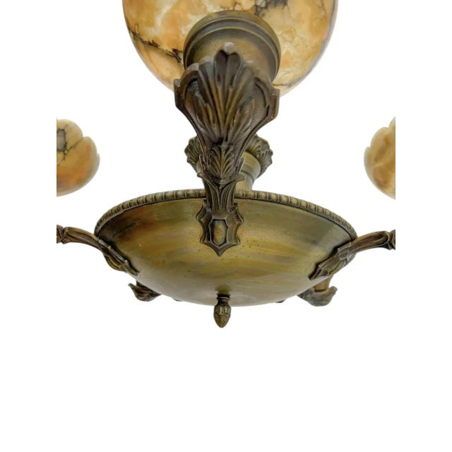 1930s Art Deco Brass and Alabaster Pendant Chandelier, 1930s For Sale - Image 5 of 12