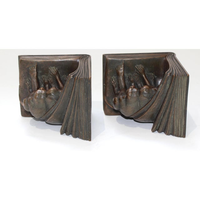 Metal 1920s Jennings Brothers Bookends Art Deco Bronze Monkey Motif - the Pair Book Ends For Sale - Image 7 of 13