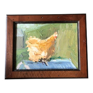 Contemporary Original Small Impressionist Chicken Painting Wood Frame For Sale