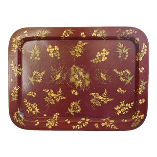 Vintage Large Hand-Painted Lacquered Serving Tray W/ Gold Accenting For Sale