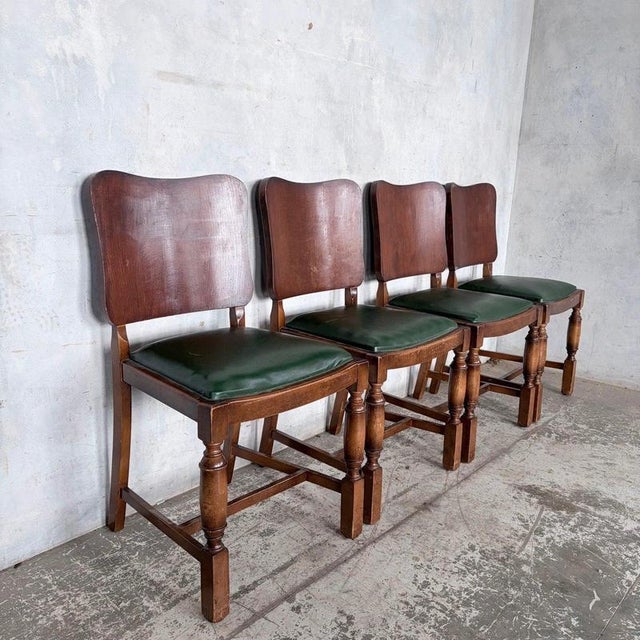 Arts and Crafts Art Deco Oak Dining Chairs with Green Vinyl Seats, Set of 4 For Sale - Image 3 of 9