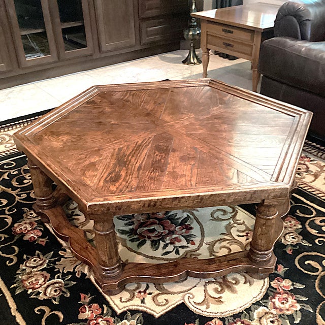 1970s Vintage Meiterranean Style Hexagonal Parquet Wood Coffee Table For Sale - Image 4 of 7