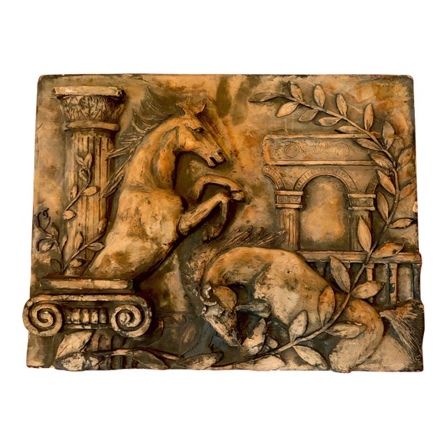 1970s Neoclassical Terracotta Wall Relief Plaque With Horses & Classical Columns For Sale