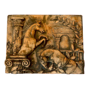 1970s Neoclassical Terracotta Wall Relief Plaque With Horses & Classical Columns