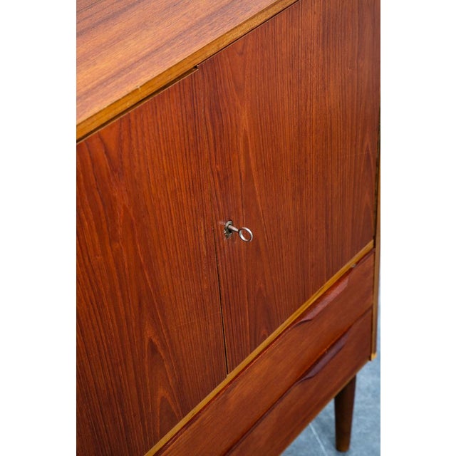 Mid Century Danish Cabinet Highboy Brass Teak Denmark Drawer Sliding Doors Shelf For Sale - Image 11 of 12