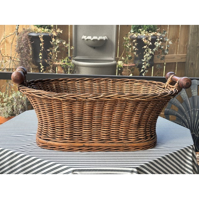 French Country Vintage French Wicker Basket With Turned Wood Handles & Wood Slatted Base For Sale - Image 3 of 16