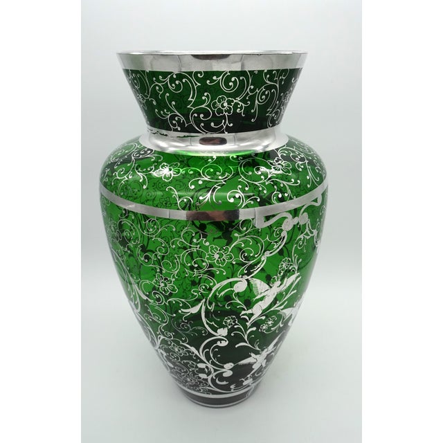 Large Venetian Emerald Green Glass Vase with Silver Overlay Decorations, 1930s For Sale - Image 4 of 18