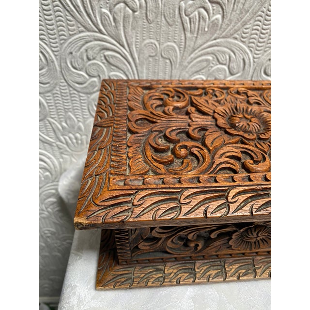 1950s Vintage Black Forest Hand Carved Walnut Jewelry Box For Sale - Image 9 of 13