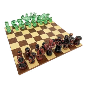 Late 20th Century Art Glass Murano Attributed Chess Set and Inlaid Wood Board