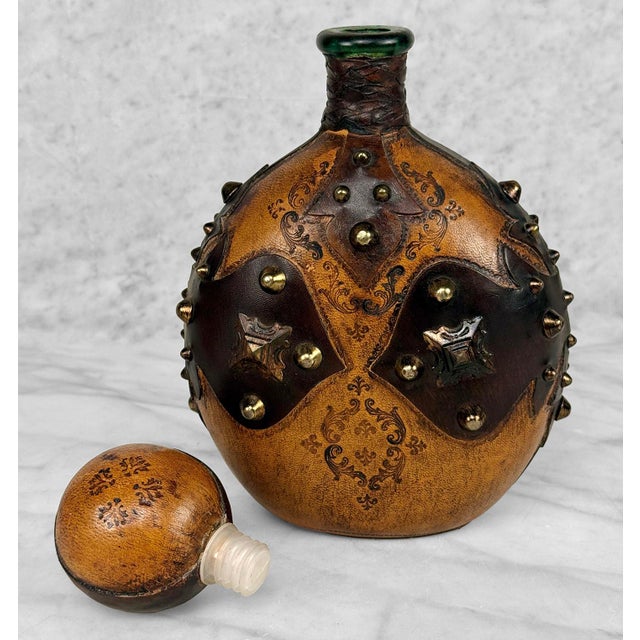Glass Vintage Italian Tooled Leather Wrapped Cognac Liquor Decanter W/ Stopper For Sale - Image 7 of 10