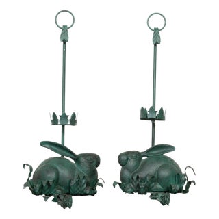 Pair of Vintage American Midcentury Iron Rabbit Candle Holders with Green Patina For Sale