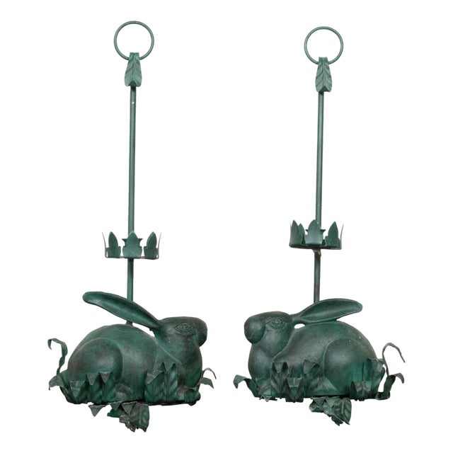Pair of Vintage American Midcentury Iron Rabbit Candle Holders with Green Patina For Sale