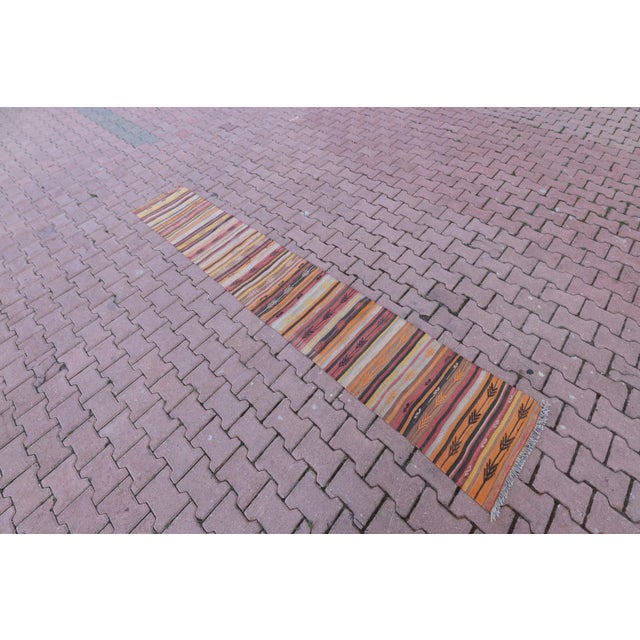 Mid-Century Modern 1960s Scandinavian Tribal Hand Knotted Colorful Striped Kilim Runner Rug For Sale - Image 3 of 13