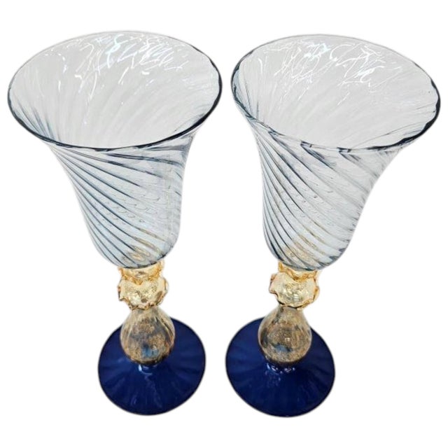 Mid-Century Modern Vintage Murano Venetian Glass Chalice Aventurine Gold Cobalt Blue Goblets - a Pair For Sale - Image 3 of 4
