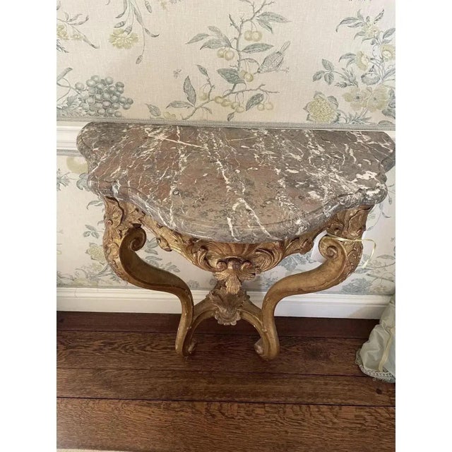 Early 18th Century Rare 18th Century Antique Marble & Gilt Wood Demi Lune Tables- A Pair For Sale - Image 5 of 11