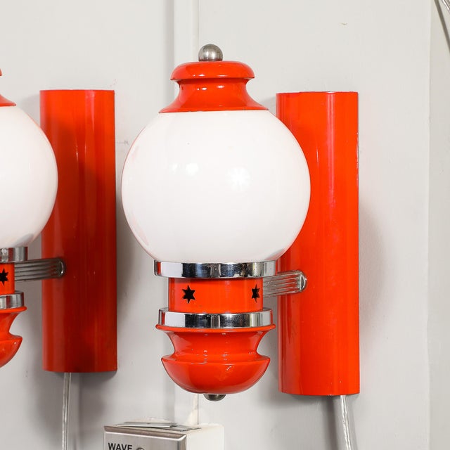 Red Mid-Century Chrome & Glass Vermillion Enamel Portico Sconces W/ Star Cutouts For Sale - Image 8 of 14