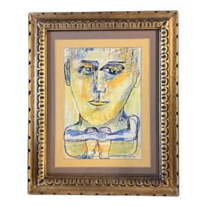 1970’s Abstract Ink Drawing/Painting Male Portrait by Vivian Steinberg Ornate Frame