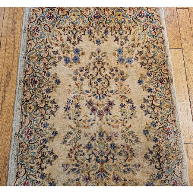 Vintage Persian Kerman Runner Rug, Hand-Knotted Wool, Allover Floral Pattern, Ivory & Blue,3x12 For Sale In Chicago - Image 6 of 10