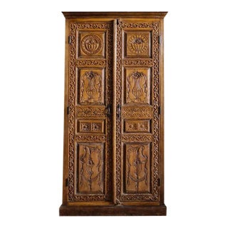 Antique Wardrobe Natural Wood Carved Indo Spanish Carved Armoire, 82x41 For Sale